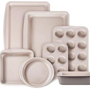 CAROTE 7-Piece Nonstick Stackable Baking Pans Set - Bakeware Sets Including Cookie Sheets for Baking, Muffin Pan, Bread Pan, Cake pan, Loaf Pan, Roasting Pan, Gray & Khaki