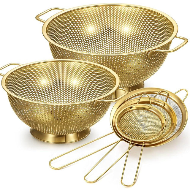 Baderke 5 Pcs Gold Strainers and Colanders Set Including 4/5 Quart Stainless Steel Colanders with Handles and 3 Pcs Fine Mesh Strainers for Kitchen Draining Rinsing Pasta Vegetables Rice