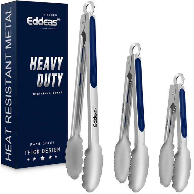 Tongs For Cooking - Heat Resistant 600 Degrees Stainless Steel Kitchen Tong, Heavy Duty Metal Locking Tongs - For Food,Salad, grilling, BBQ 7",9" & 12 inch, set of 3 Dishwasher Safe Blue