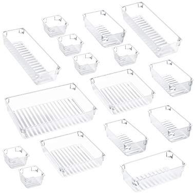 Kootek 16 Pcs Desk Drawer Organizer Set 5-Size Bathroom Drawer Tray Dividers Versatile Storage Bins Plastic Vanity Trays Organizers Divider Container for Dresser Makeup Kitchen Utensil Office