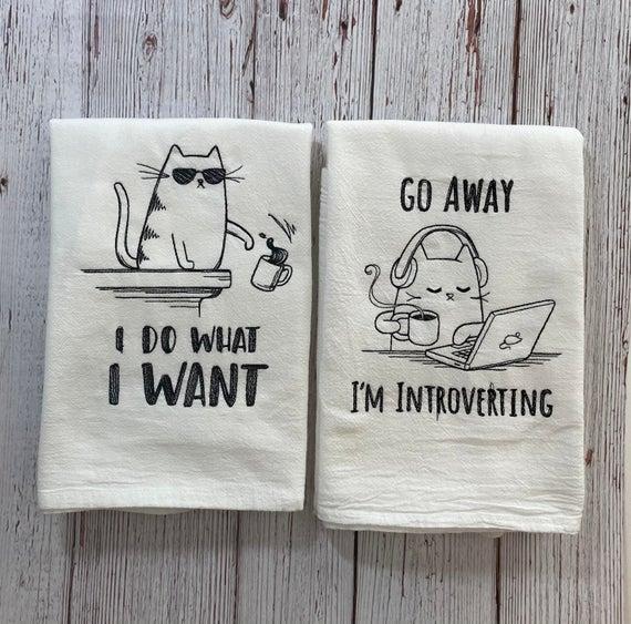 Cat Kitchen Towel, Gift For Cat Lover, Embroidered Flour sack towels, Cats with attitude, Gifts under 20