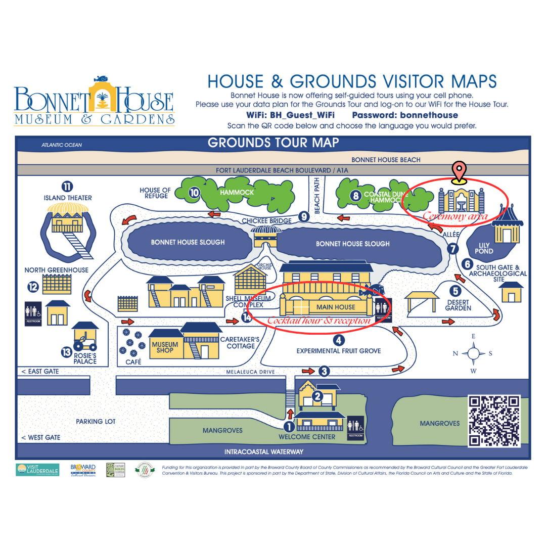 Map of the entire property. In the upper right corner you can see the Ceremony Area and the Main House in the middle.