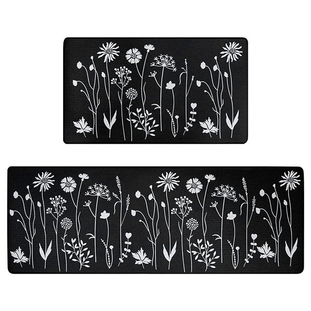 Rempry 2 Pcs Kitchen Mat for Floor, Cushioned Anti-Fatigue Kitchen Mats, PVC Non-Slip Waterproof Kitchen Rugs Set for Kitchen, Office, Sink, 17"x47"+17"x29" (Black)