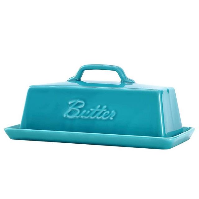 Bruntmor Elegant Porcelain Butter Dish with Lid, Covered Butter Keeper - Handle Design - Dishwasher Safe, 7.5 Inch Wide, Teal