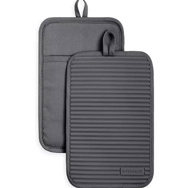 (Gray) Ribbed Soft Silicone Pot Holder Set, 2 Piece