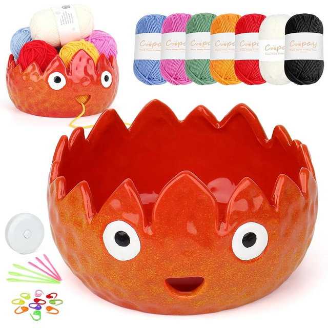 Coopay Flame Yarn Bowl for Crocheting/Knitting, Cute Yarn Storage Bowl with 7PCS Yarn, Large Size Ceramic Yarn Bowl Crochet Knitting Bowl for Beginners, Great Knitting Crochet Gift (6.8in)