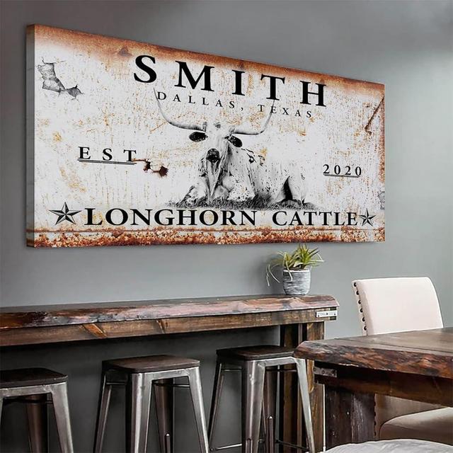 Tailored Canvases Personalized Cattle Ranch Sign Wall Art Decor - Custom Large Rustic Family Print Canvas Western for Farmhouse, Home, Living Room, Bedroom and Kitchen - Longhorn Cattle, Cow on grass, 60x30in