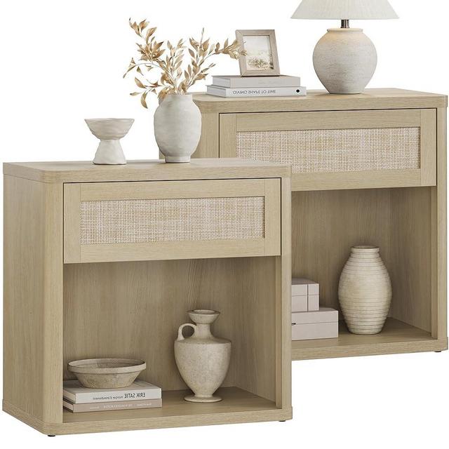 SICOTAS Night Stand Set of 2 26" Wide Large Nightstands with Drawer & Shelf Storage Rattan Bedside Table Boho End Table Tall Bed Side Tables Night Stands for Bedroom Living Room Sofa Office, Sand Oak