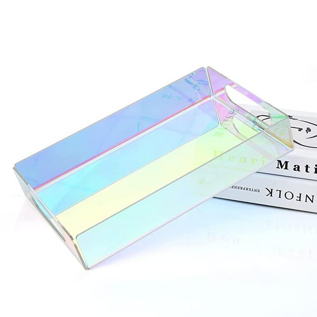 Reoyourt Acrylic Vanity Tray, Iridescent Dresser Tray, Rectangular Decorative Tray, Jewelry Perfume Organizer Makeup Tray for Vanity, Dresser, Bathroom, Bedroom