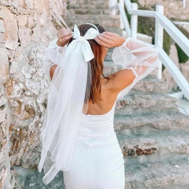 LUXCASTLE White Hair Bow Veil Wedding Veil Short Wedding Veil Bow Veil Short Veils Bows Weeding Veil Bridal Accessories for Women and Brides