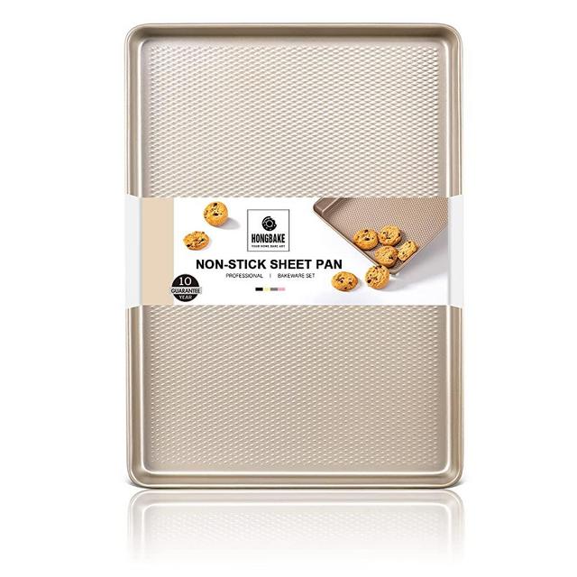 Half Cookie Sheet Pan for Baking - HONGBAKE Nonstick Baking Sheet with Diamond Texture Surface, 57% Thicker Carbon Steel Commercial Cookie Trays for Oven, Champagne Gold
