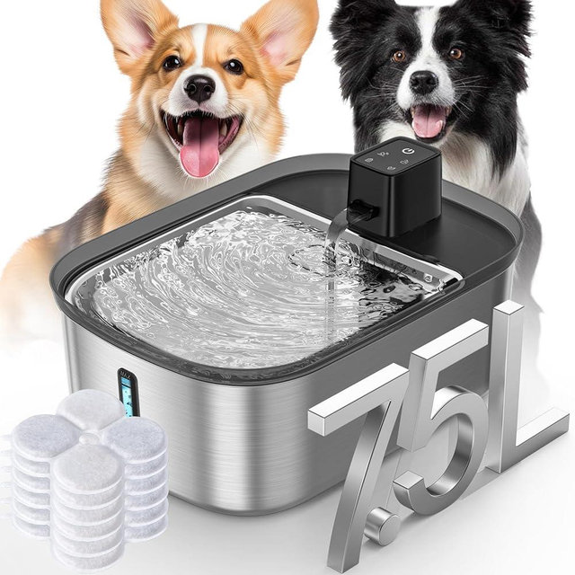 Wireless 7.5l/254oz/2Gal Dog Water Fountain for Large Dogs Stainless Steel, Quiet Pet & Cat Water Fountain with Motion Sensor, Automatic Water Dispenser for Dogs with 6psc Filters