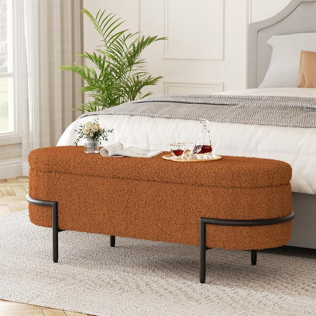 Halitaa Brown Storage Bench Ottoman, Sherpa Ottoman Bench with Storage, Boucle Modern Storage Bench for End of Bed King Size, Bedroom, Living Room, 52''L