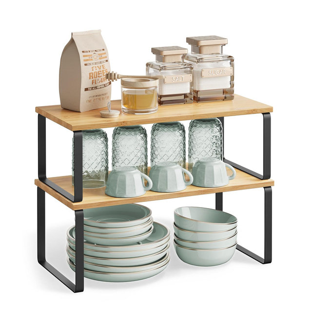 SONGMICS Cabinet Organizer Shelf, Set of 2 Kitchen Counter Shelves, Kitchen Storage, Spice Rack, Stackable, Expandable, Natural Beige