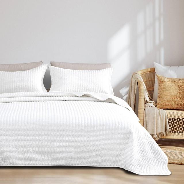 3pc King Solid Basketweave Quilt Bedding Set White - Isla Jade