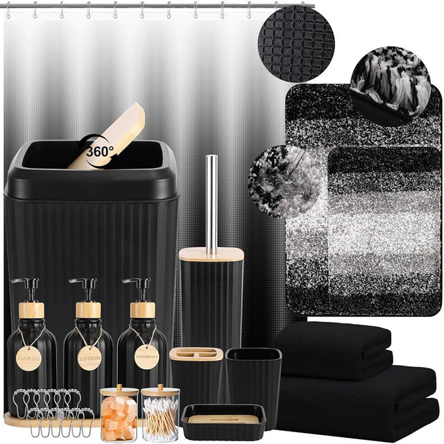 34PCS Bathroom Accessories Set with Shower Curtain,Rugs,Bath Towel,Trash Can,3PCS Lotion Soap Dispenser,Toothbrush Holder,Soap Dish,Tumbler Cup,6PCS Wood Tags Bath Accessories with Tray for Bathroom
