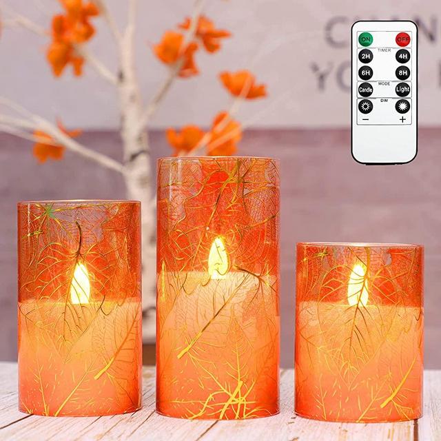GORGE MOMENT Flameless Candles x3, Christmas Home Decor 2022, Battery Operated Warm Light LED with Remote, Glass Effect Xmas Thanksgiving Gift Winter Autumn Harvest Fall Ornament for Table Attic Shelf