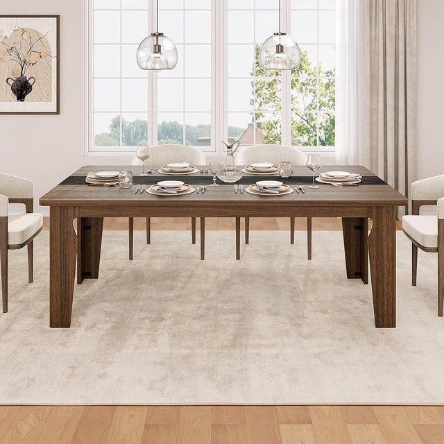 iPormis Farmhouse 71" Long Dining Table for 6, Marble Texture Finish Kitchen Table with Sturdy Wooden Frame, Rectangle Dining Table for Dining Room, Kitchen, Brown (No Chairs, Non-Expandable)
