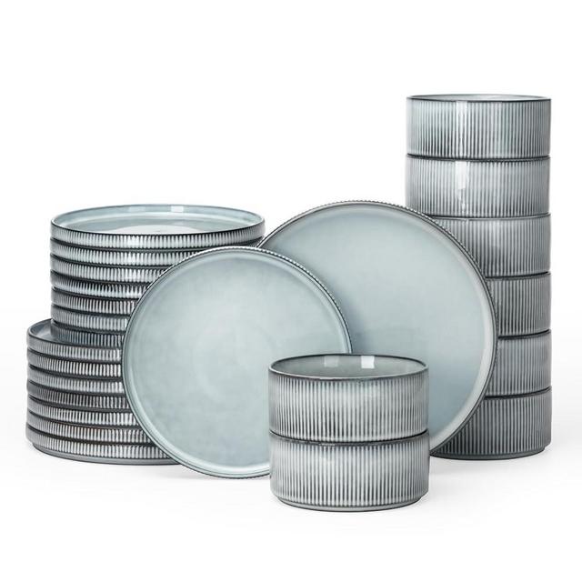 Famiware Star Dinnerware Sets, Plates and Bowls Set for 8, 24 Pieces Dish Set, Smoky Blue
