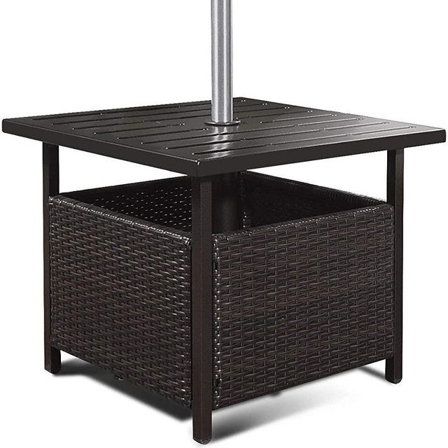 ReunionG Patio Umbrella Side Table Rattan Wicker Stand Table with Umbrella Hole Steel for Outdoor Deck Garden Pool