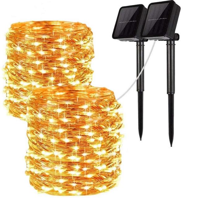 WANSE Solar Powered Waterproof Fairy String Lights, for Christmas, Bedroom, Party, Patio, Wedding,2-Pack, Warm White (66Ft)