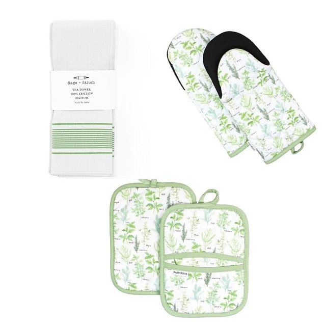 Sage+Stitch Oven Mitts, Pot Holders and Dish Towels 7 Piece Set | Heat Resistant Gloves | Accessories for Kitchen and Baking | Green Herbs Design