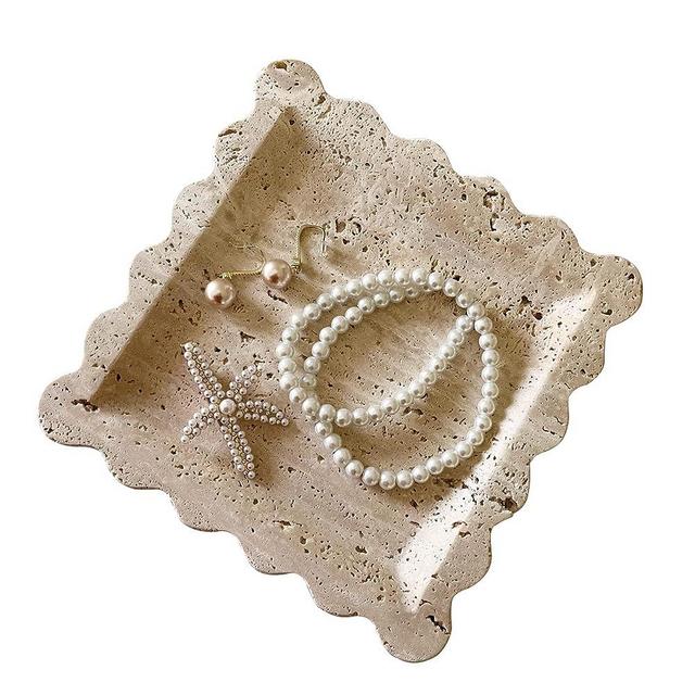 SAIDKOCC Vintage Natural Marble Tray Small Ornaments Wave Tray Handmade Storage Dish for Counter, Vanity, Dresser, Nightstand and Desk (Beige Travertine)