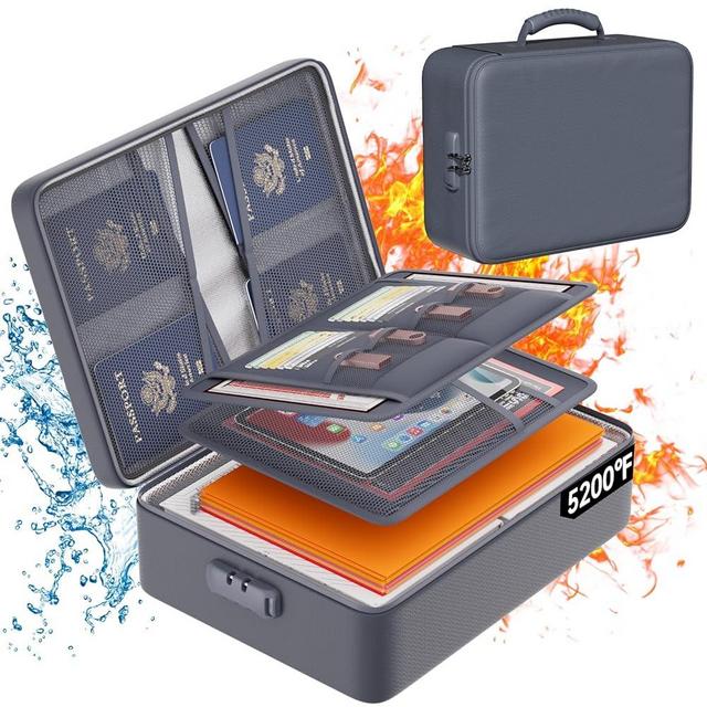 DocSafe 5200°F Document Organizer with Lock,Upgraded Heat Insulated Fireproof＆Waterproof Box 8 Layers File Organizer,Portable Home Travel Safe Storage for Important Documents, Files,Gray