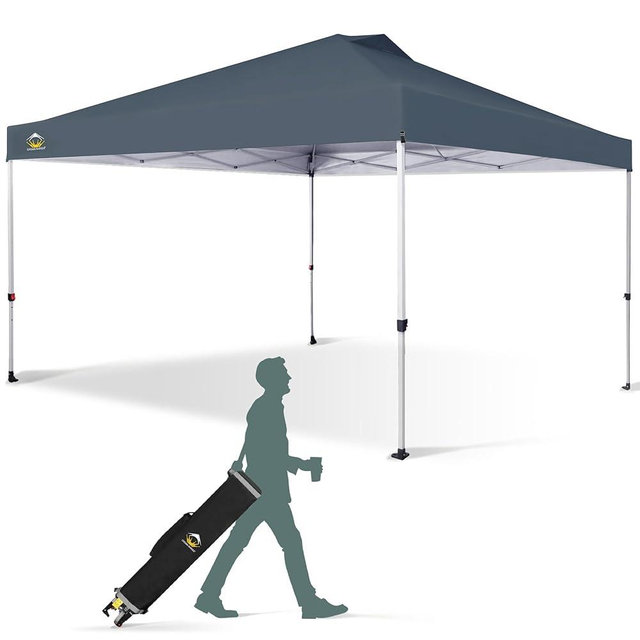 CROWN SHADES 12x12 Pop Up Canopy - Beach Tent with One Push Setup - Easy Outdoor Sun Shade Shelter for Events, Parties - Gazebo with STO-N-Go Cover Bag, Silver Coated Top, Grid Grey
