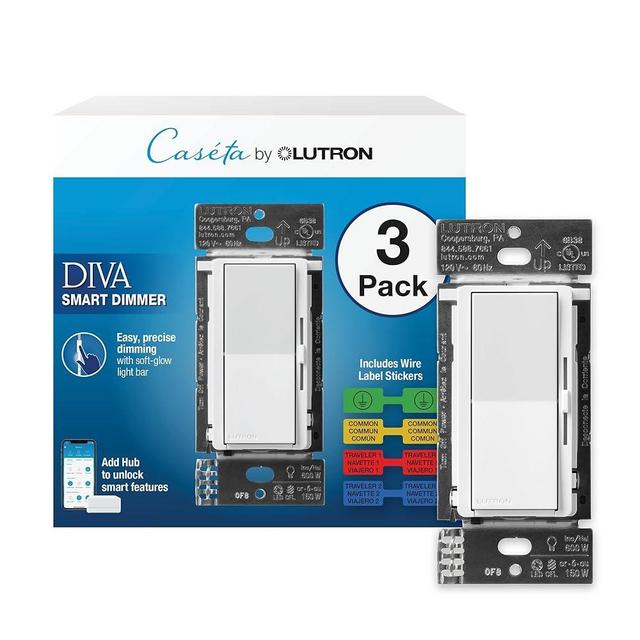 Lutron Diva Smart Dimmer Switch for Caseta Smart Lighting | Includes Wire Label Stickers | DVRF-6LS-WH-3 | White (3-Pack)