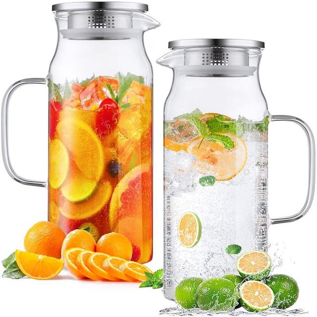 2 Pack 2 Liter 68 oz 2.1 Qt Glass Pitcher with Lid and Spout, Bivvclaz Water Pitcher for Fridge, Glass Carafe for Hot/Cold Water, Large Iced Tea Pitcher for Coffee, Juice and Homemade Beverage