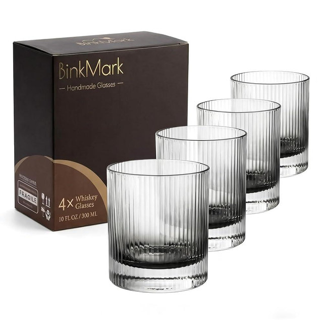 BinkMark Handcrafted Whiskey Glasses Set of 4,10oz - Lead-Free Crystal,Grey Straight Line Design,Old Fashioned Lowball for Scotch, Bourbon,Cocktails -Dishwasher Safe,Gift for Home Bar,Birthday,Wedding