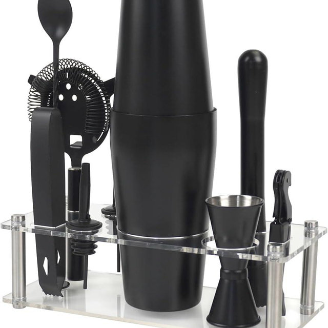 VG Cocktail Shaker Set Boston Bartender Kit with Stand, Stainless Steel Bar Set, Mixology Bartender Kit for Drink Mixing (Matte Black)