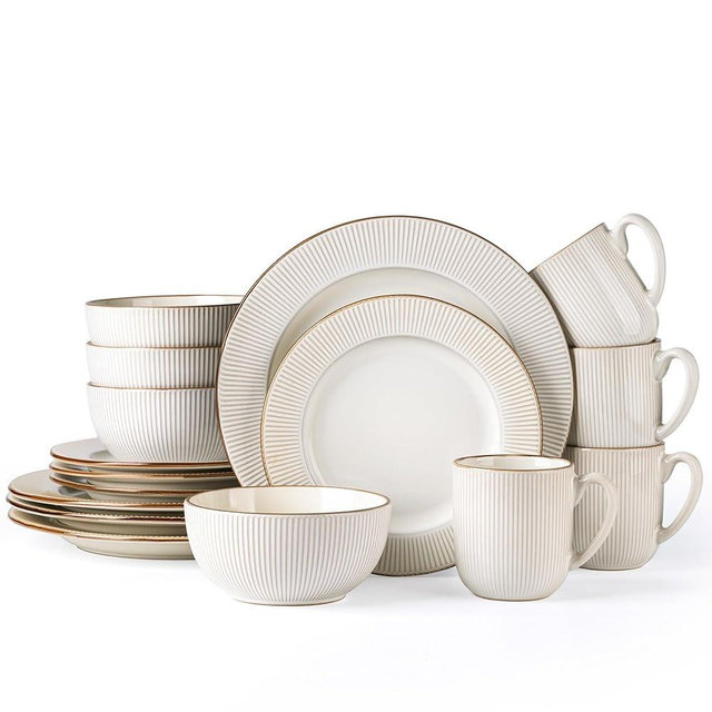 GBHOME Ceramic Dinnerware Sets,16 pcs Embossed Elegant Stoneware Plates and Bowls Sets, Housewarming Wedding Gift | Dishwasher & Microwave Safe | Dishes Set Service for 4