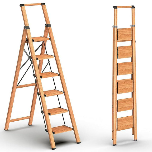 GameGem 6 Step Ladder for 12ft High Ceiling, Lightweight Aluminum Folding Step Stool with Convenient Handgrip, Stepladders with Anti-Slip and Wide Pedal for Home and Kitchen Use - Woodgrain (330 lbs)