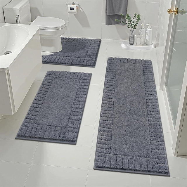 Pauwer Bathroom Rugs Sets 3 Piece Bathroom Shower Rugs with U-Shaped Contour Toilet Mat Absorbent Microfiber Plush Bath Mats Non Slip Bath Rugs Machine Washable Shaggy Bath Mat Set, Border Dark Grey