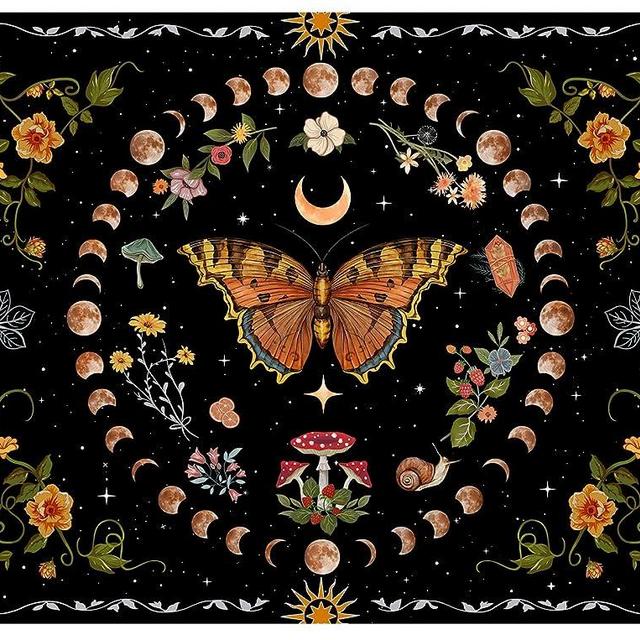 Aipon Orange Butterfly Moon Flower Tapestry Botanical Floral Plant Boho Tapestry for Bedroom Aesthetic Vintage Tapestries Wall Hanging for Living Room Dorm (68.00'' × 90.00'', Orange)