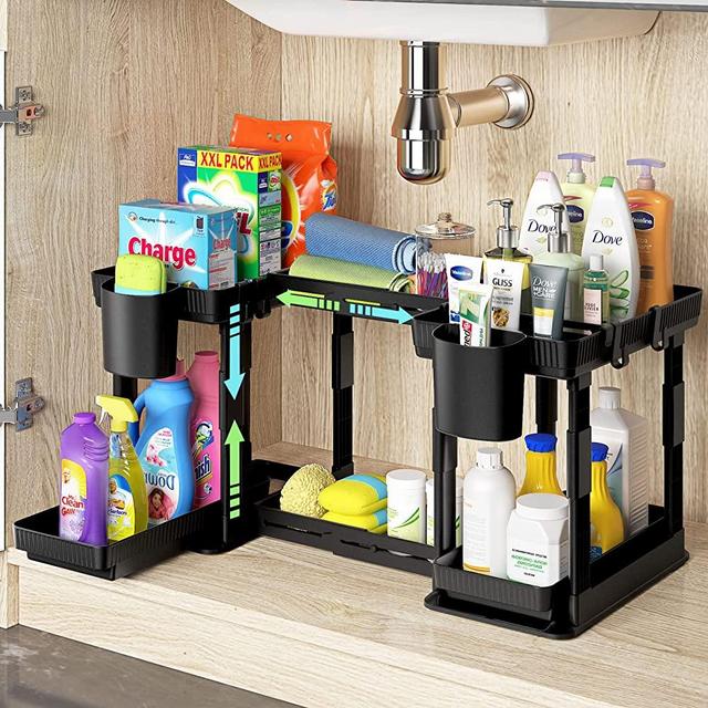 Expandable Under Sink Organizer and Storage 2 Pack, 2 Tier Pull Out Sliding Under Bathroom Cabinet Storage Organizers with Hanging Cups for Bathroom, Kitchen Multi-Purpose, Adjustable Height & Width