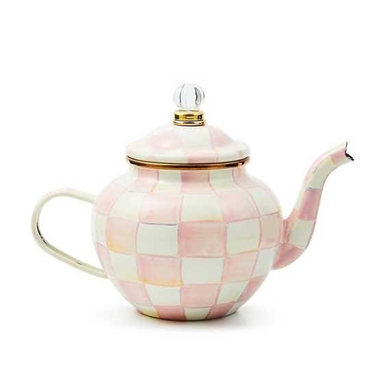 MACKENZIE-CHILDS Enamel Teapot, Cute Small Teapot with Lid, 4-Cup Capacity, Pink-and-White Rosy Check