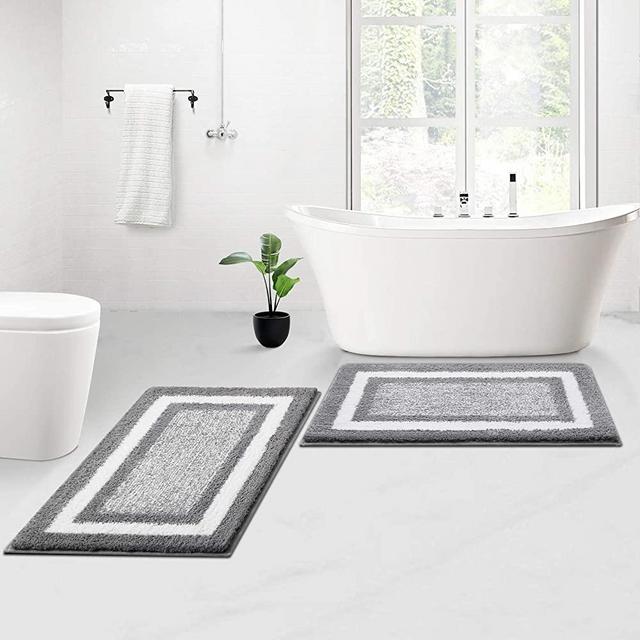 KMAT Bathroom Rugs and Mats Sets,2 PCS Ultra Soft Microfiber Non-Slip Bath mat,Machine Washable and Quick Dry Shower Rugs Floor Carpet Mat for Bathroom,Tub and Shower(18"x26"+20"x32",Grey)