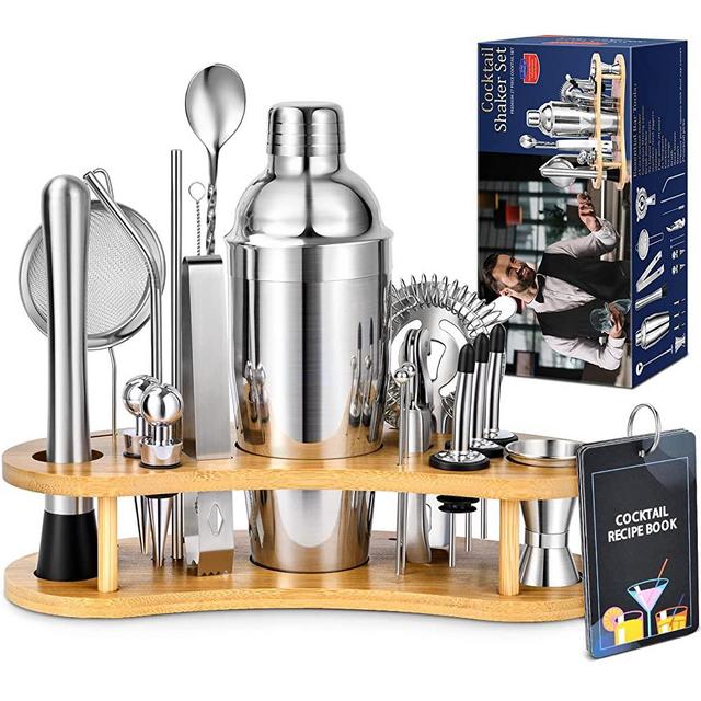 27Pcs Bartender Kit with Bamboo Stand, MUAHLIUB Stainless Steel Cocktail Shaker Set Perfect Bar Set with Recipes and Bartender Tools for the Home Bar Drink Mixing, Party