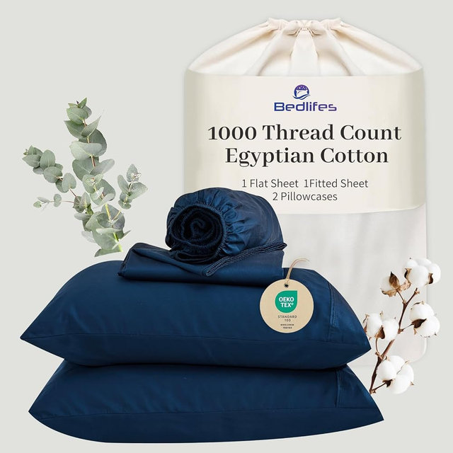 Bedlifes Egyptian Cotton Sheets 1000 Thread Count Queen Size, 4-Piece 16" Deep Pocket - Cooling & Breathable Ultra Soft Bedding for Hotel Comfort (Navy)