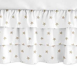 Sweet JoJo Designs Gold and White Star Girl Ruffled Tiered Baby Crib Bed Skirt Dust Ruffle for Celestial Collection