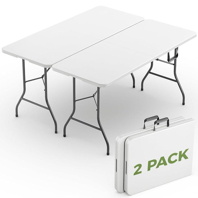 MAKE CHANGES Folding Table 2 Pack, 6 FT Foldable Plastic Table with Carrying Handle, Heavy Duty Portable Fold-in-Half Utility Table for Party, Camping, Banquet, Craft, Wedding, Indoor & Outdoor Use