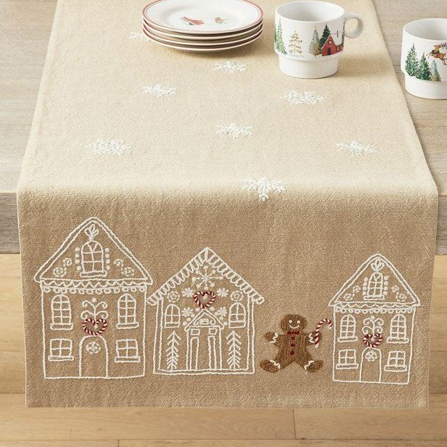 Gingerbread Village Embroidered Table Runner - Neutral