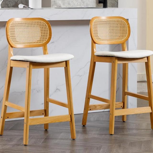 Shunzhi Rattan Counter Height Bar Stools Set of 2 Wood Farmhouse Barstools with Cane Back Faux Leather Kitchen Island Chairs Boho Upholstered Bar Chairs for Pub/Home Bar, White