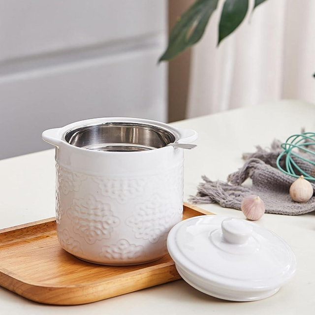 Lyellfe Ceramic Bacon Grease Container, 1.2L/40 Oz Oil Filter Pot with Strainer, White Carved Cooking Oil Container for Fat Frying Used Cooking Oil Kitchen