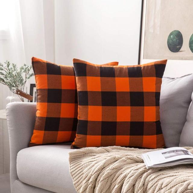 MIULEE Halloween Pack of 2 Fall Buffalo Check Farmhouse Checker Plaids Accent Throw Pillow Covers Polyester Linen Outdoor Cushion Case for Sofa Couch Orange and Black 22 x 22 Inch