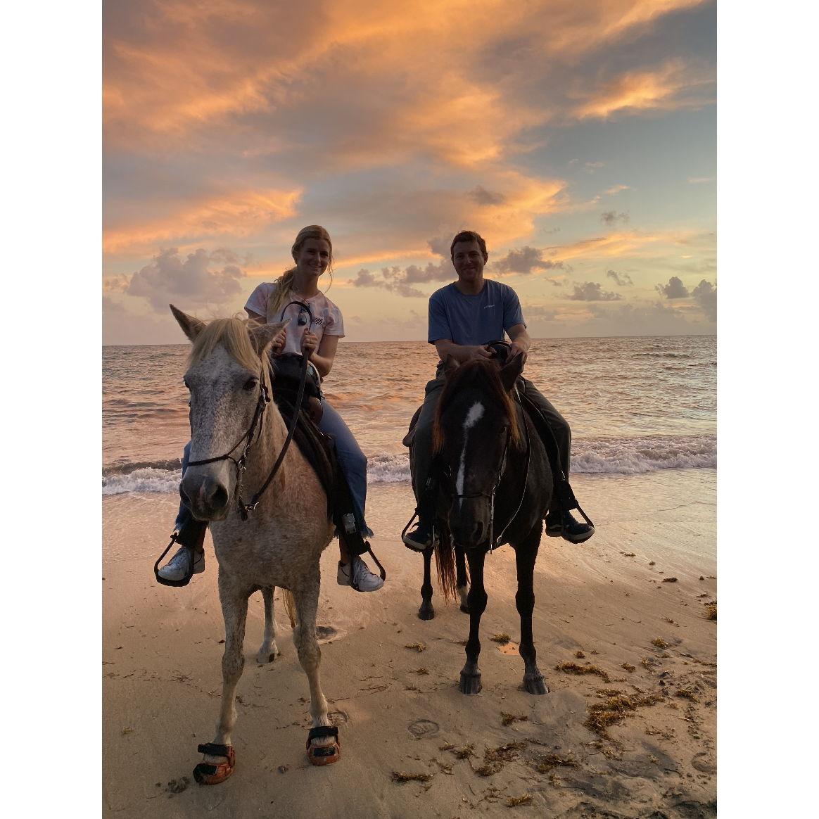 Chad's first time on a horse, riding the beach at sunset in Vieques