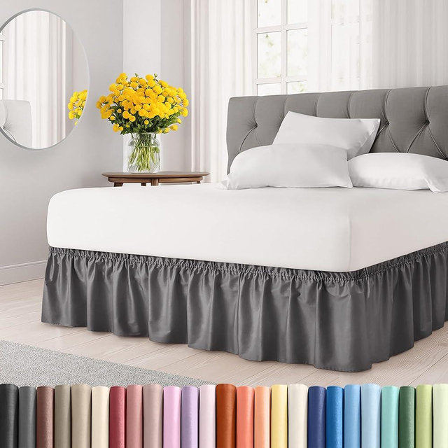 Wrap Around Dust Ruffle Bed Skirt - Dark Grey - for Queen Size Beds with 12 Inch Drop - Elastic Strap - Adjustable Pleated Bedskirt with Brushed Fabric and Wrinkle Free - for Women, Men, Kids & Teens